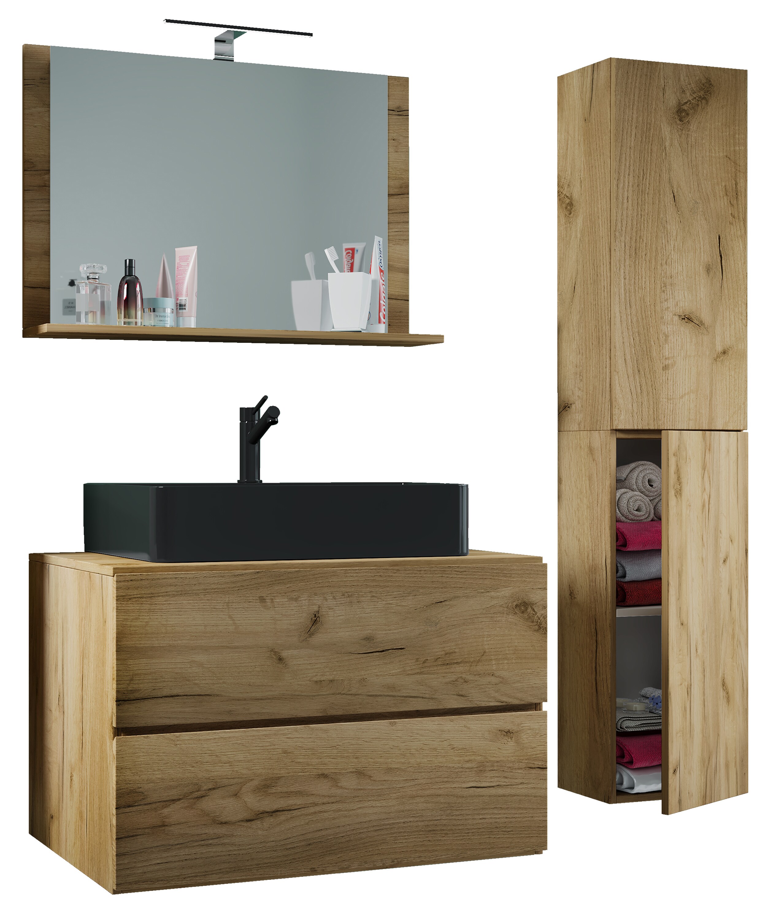 VCM 4-tlg. Waschplatz Waschtisch Badmöbel Set Waschbecken Lendas-BL Breite 80 cm L Schublade