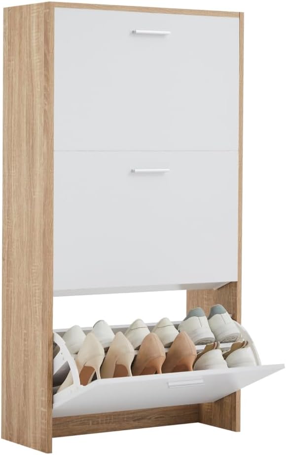 CASABEL Meuble à Chaussures Moderne 3 Abattants - Rangement Chaussures 18 Paires - Blanc et Bois Clair - Meuble en Bois - Dimensions L60xP24xH113 cm - Grande Capacité - Facile à Installer ZL6819792
