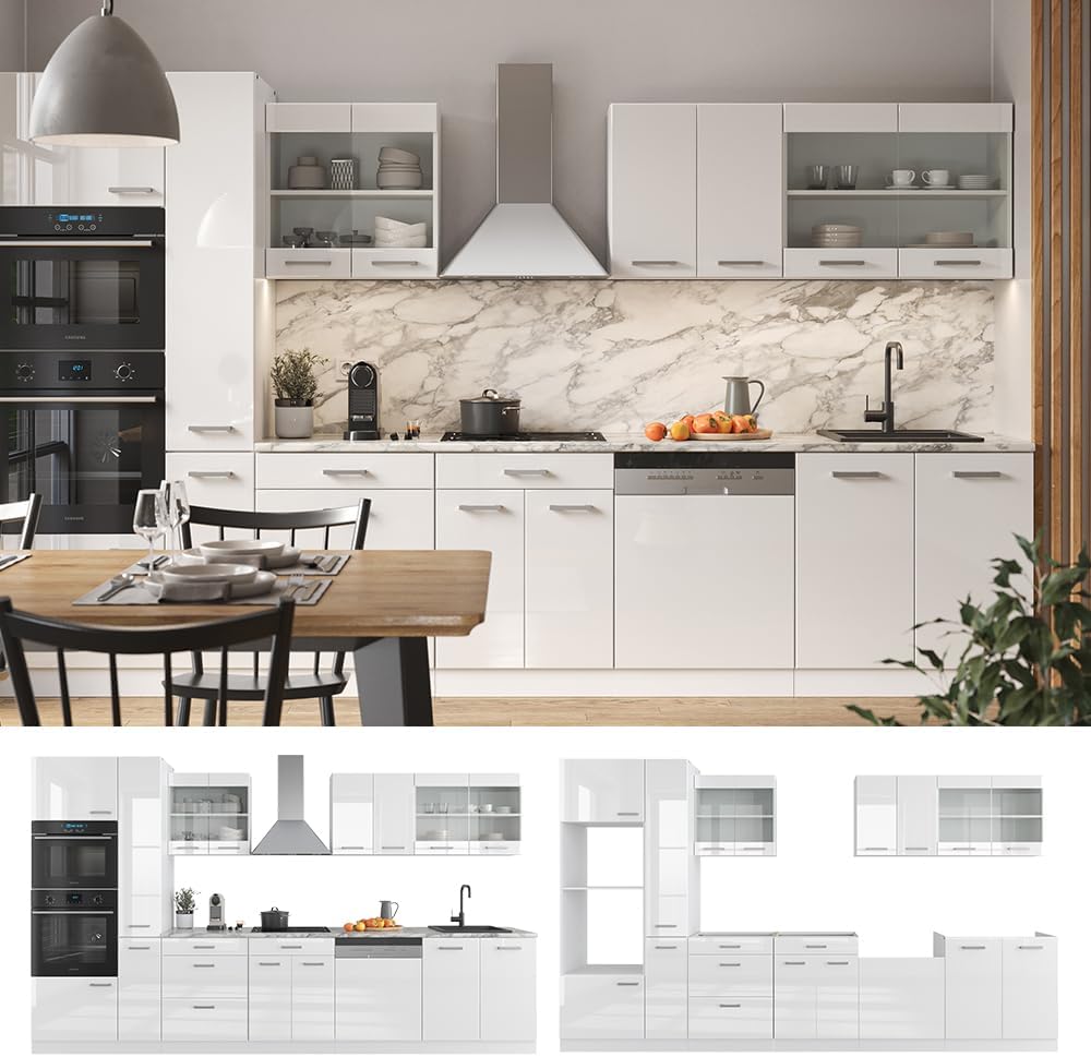Vicco Küchenzeile R-Line, Weiß Hochglanz/Weiß, 350 cm mit Hochschrank, ohne Arbeitsplatte