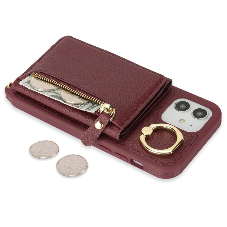 iPhone 12 / iPhone 12 Pro Necklace Leder Hülle mit Münzfach und Kartenfächer   Finger Griff Halterung   Handykette - Weinrot