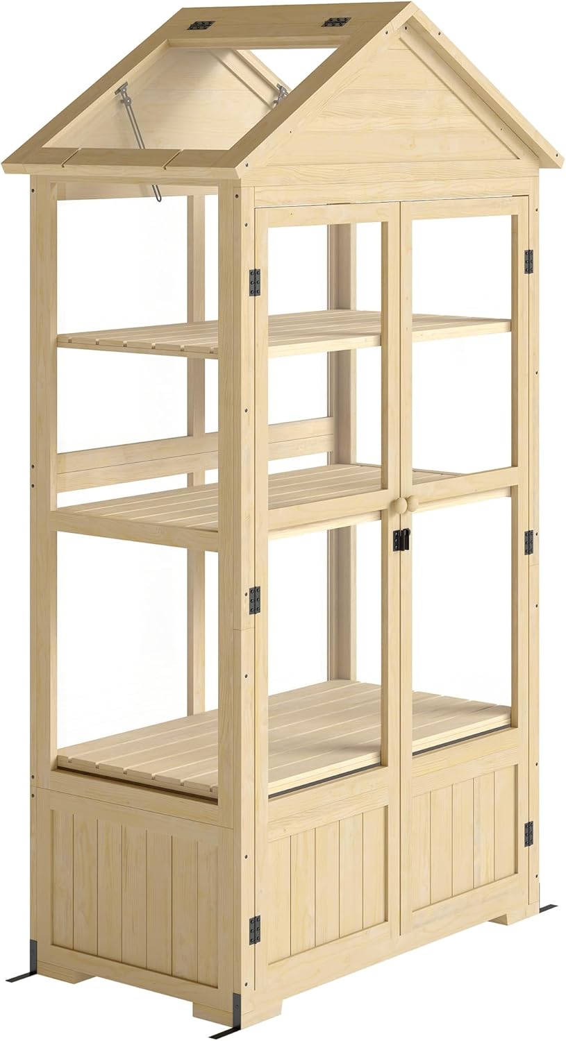 Outsunny Frühbeet aus Holz Abschließbar Gewächshaus Treibhaus mit 4 Ebenen, Dachfenster, Frühbeetkasten mit Doppeltür, für Garten, Balkon, Natur, 100 x 56,5 x 178 cm