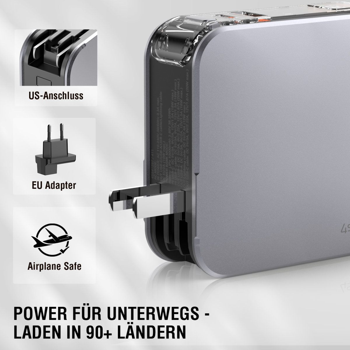 (20W) 10000mAh USB A / USB C Powerbank Fast Charge Ladegerät inkl. USB C / Lightning Ladekabel   Weltreise Adapter (541287)