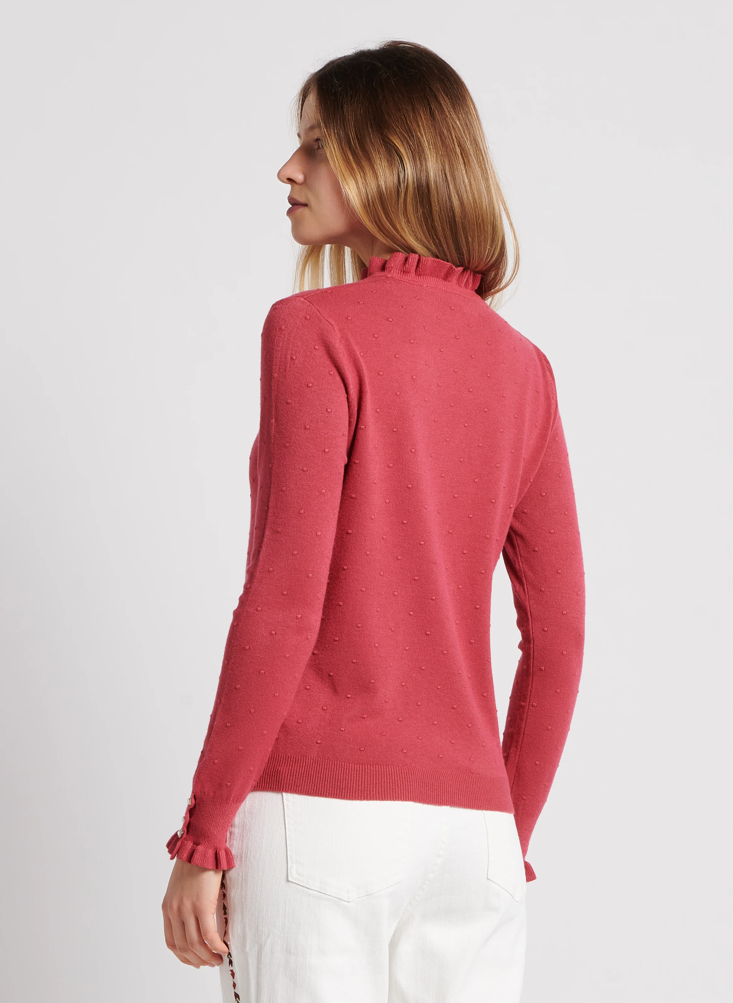 SOLFERINO - Pull col rond jacquard à volants | Rose