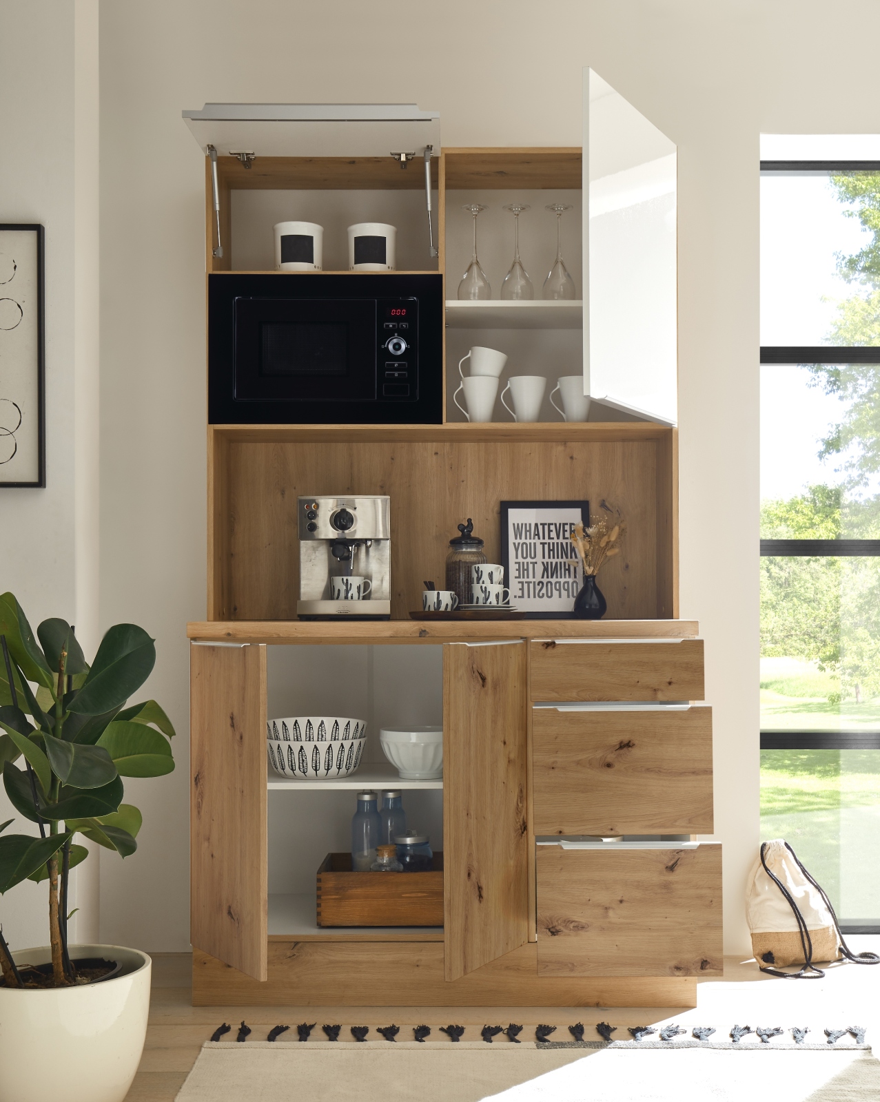 RESPEKTA Buffet - Artisan Eiche - weiß Hochglanz - mit Mikrowelle - 120 cm