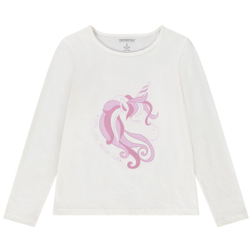 T-shirt manches longues glitter print licorne pour fille - Ecru