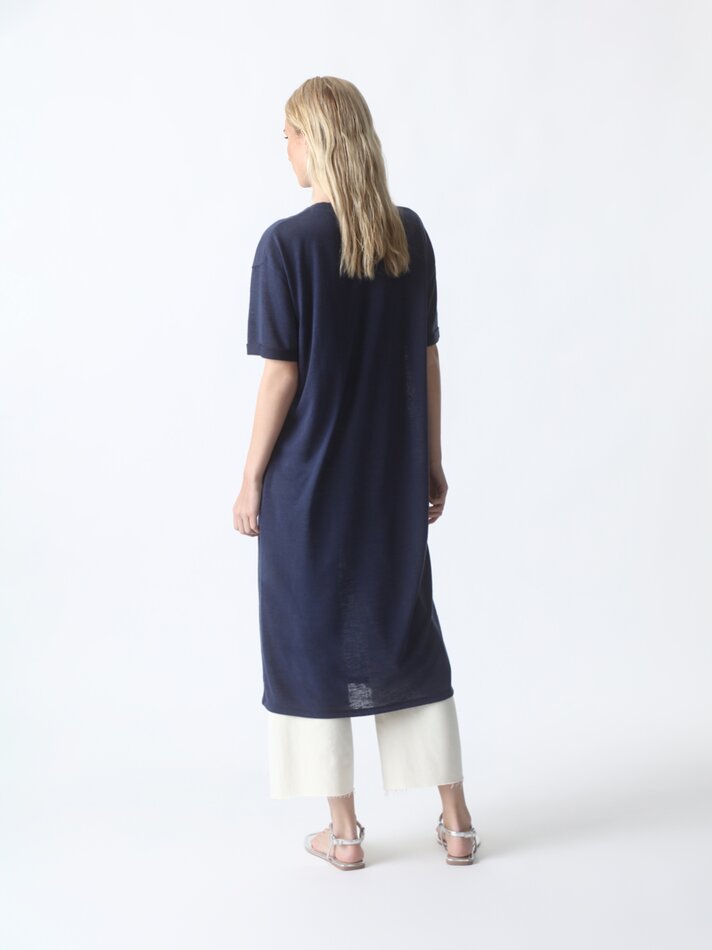 Camiseta longa com fenda - Azul Marinho Escuro