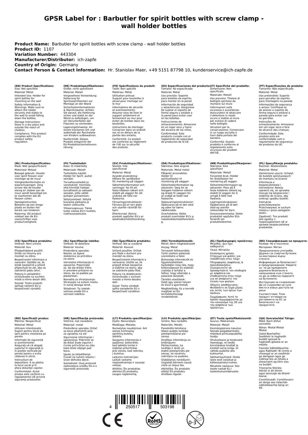 Halterung für Spirituosenflaschen mit Schraubzwinge - Wandhalterung Flaschen