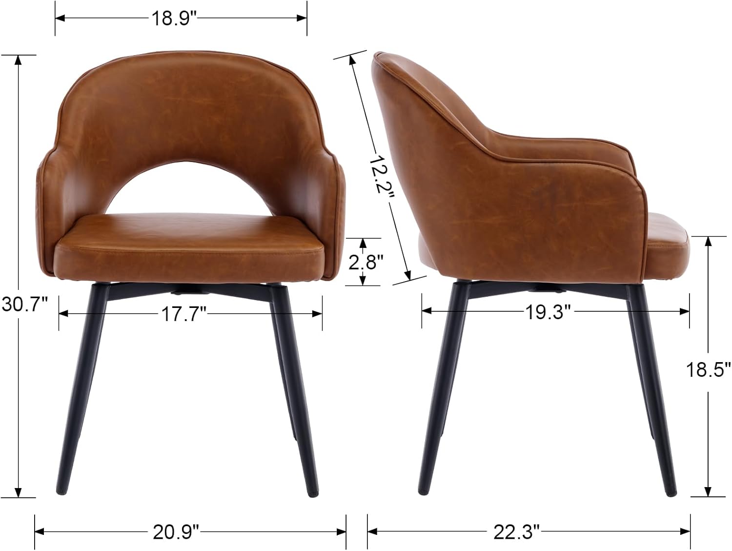 Esszimmerstühle 2er Set, Drehbare Küchenstühle mit  Armlehne PU-Kunstleder Polsterstuhl Metallbeine für Esszimmer/Restaurant/Wohnzimmer, Braun