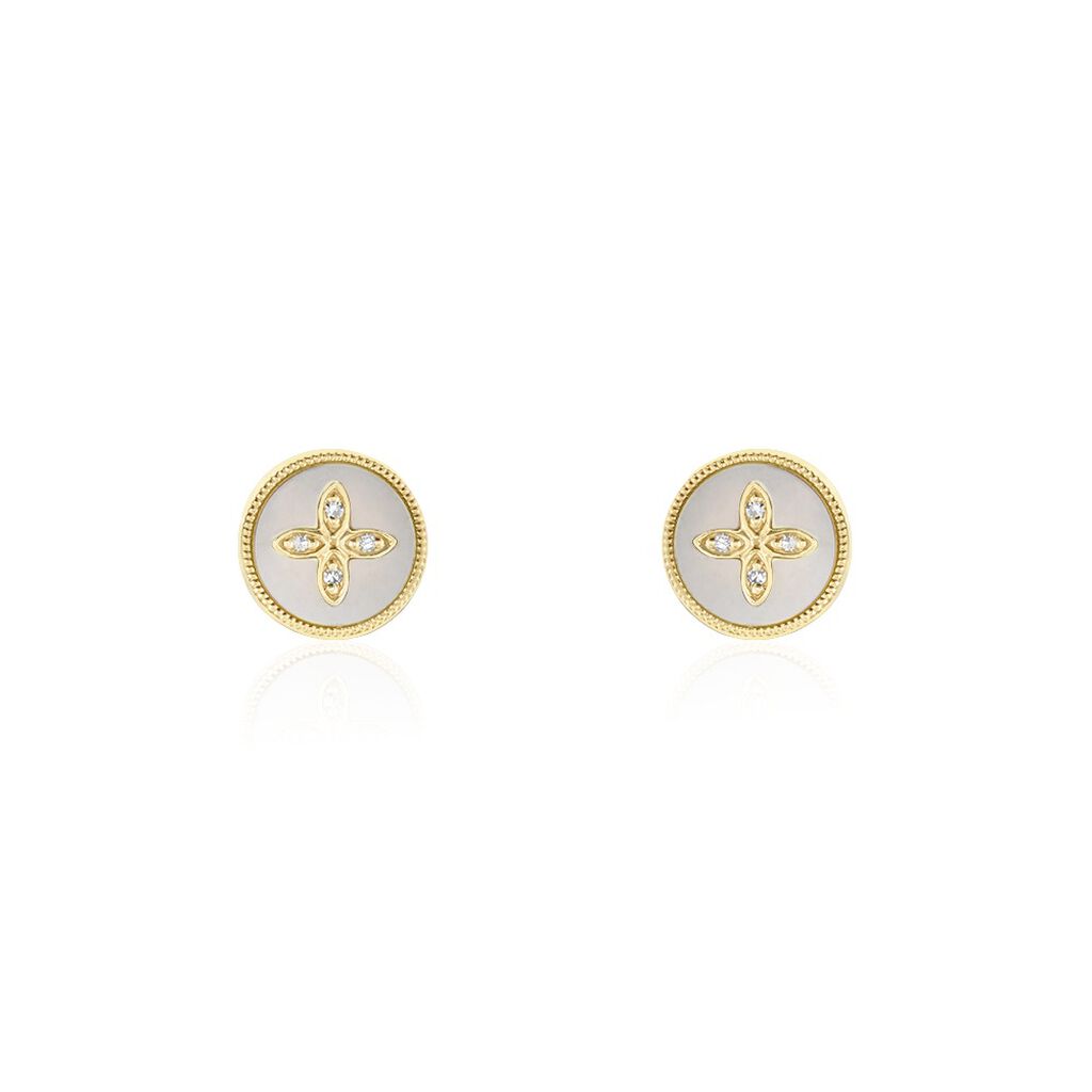 Boucles D'oreilles Puces Talisman Or Jaune Nacre Diamant