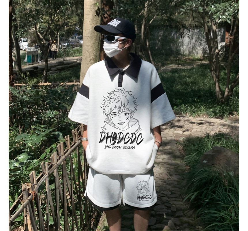 Derbundy - Set: Anime Print Panel Polo Shirt met Elleboogmouwen + Sweat Shorts