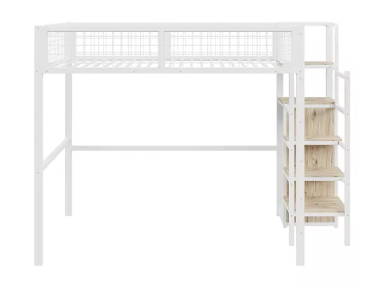 Lit mezzanine 140x200 avec échelle lit enfant avec cadre en fer et étagère de rangement armoire Blanc