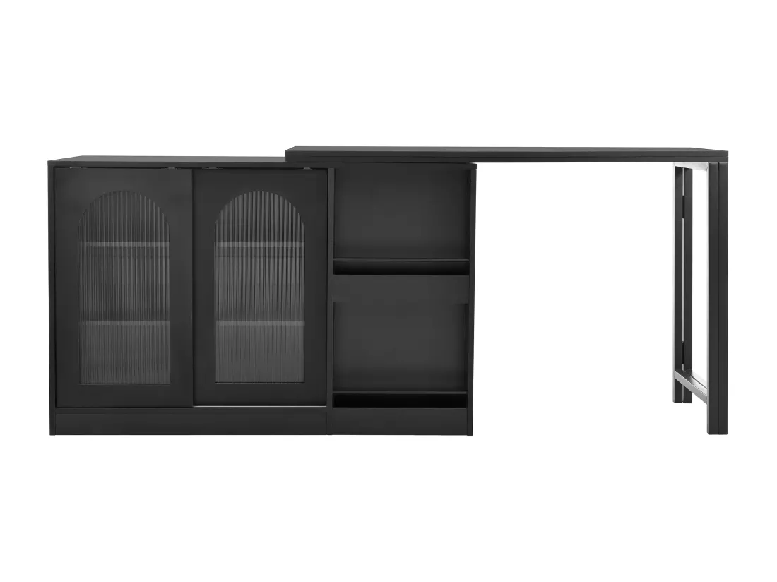 Ilot central de cuisine - avec plateau escamotable pivotante - avec portes vitrées et espace de rangement - MDF - Noir