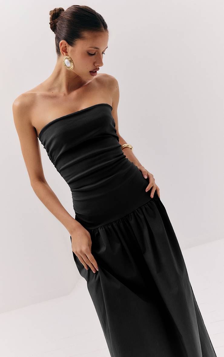 Noir Robe Maxi Bandeau Froncée En Tissu Extensible Tissé