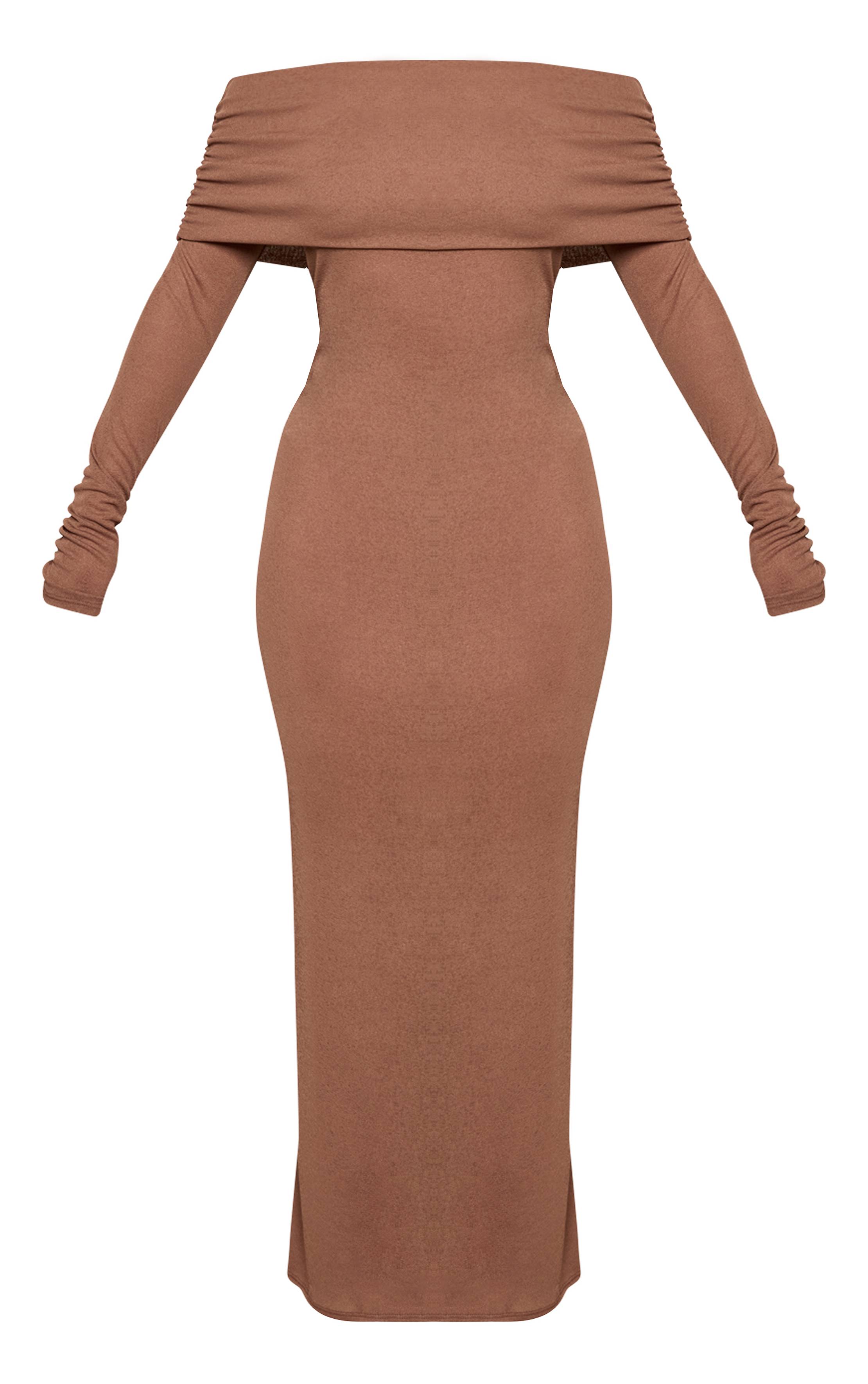 Chocolat Robe Maxi Moulante En Mesh Transparent À Col Bardot