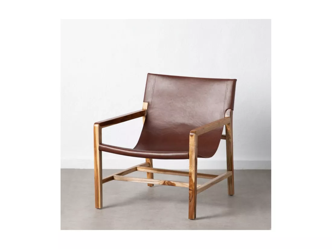 Fauteuil lounge Teck/Cuir Marron - ESSAOUIRA n°2