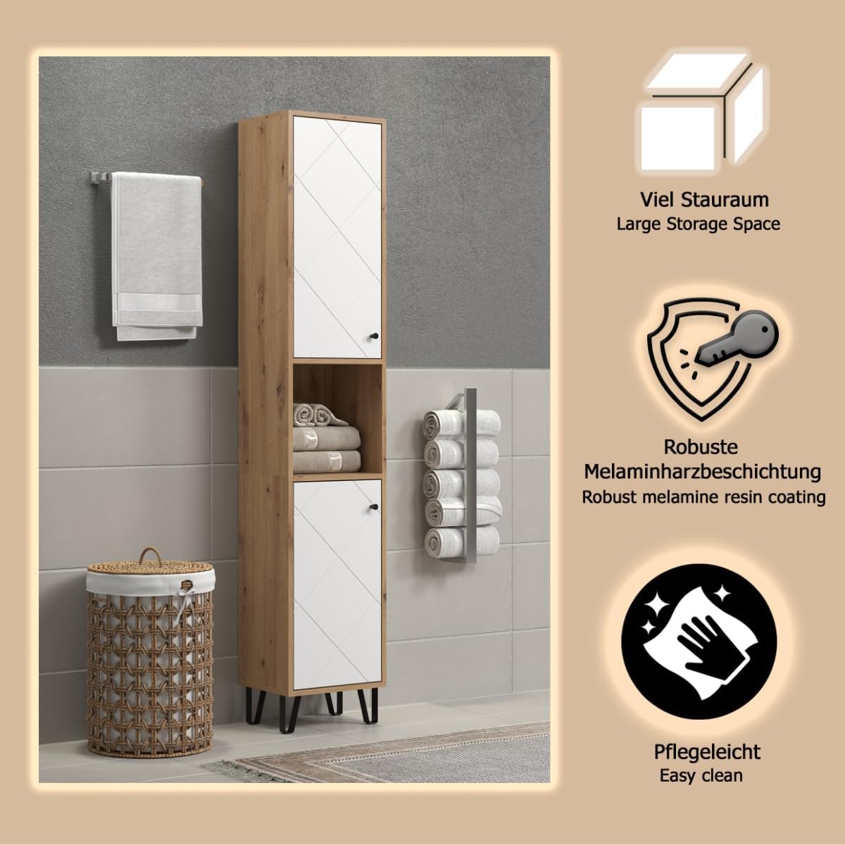trendteam smart living - Touch - Hochschrank - Artisan Eiche/Weiß - 4 geschlossene und 1 offenes Fach - (BxHxT) 36 x 191 x 29 cm - 2 Einlegeböden - kratzfest