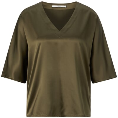 Damenbluse Seidensatin V-Ausschnitt, Oliv
