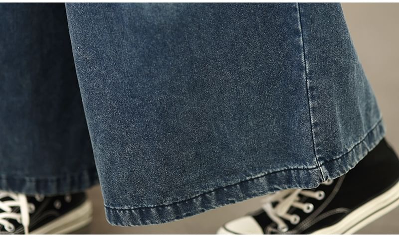 Lewwe - Elastische taille kikkerknoop gewassen denim culottes