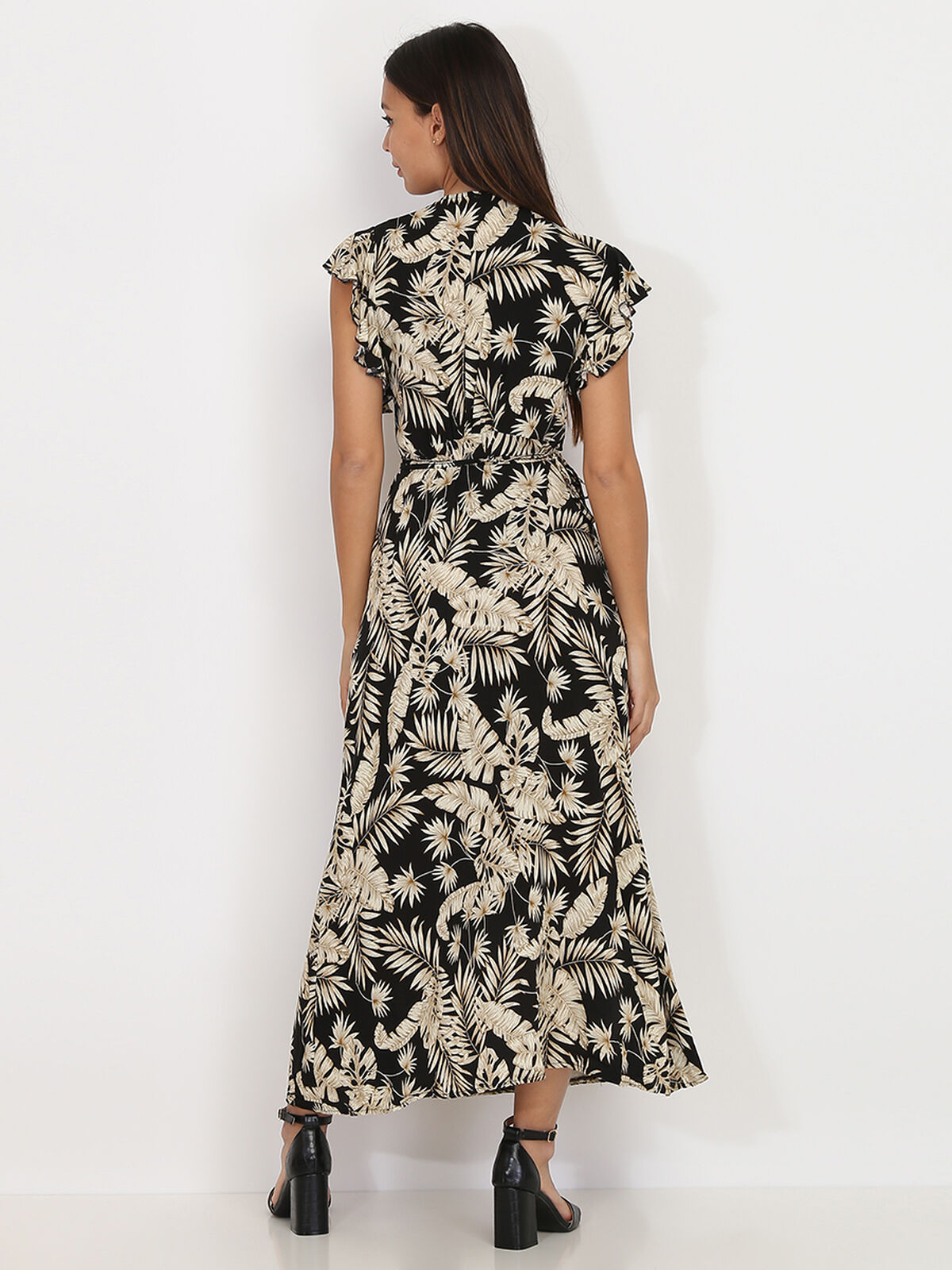 Robe portefeuille à feuilles de palmier- Noir