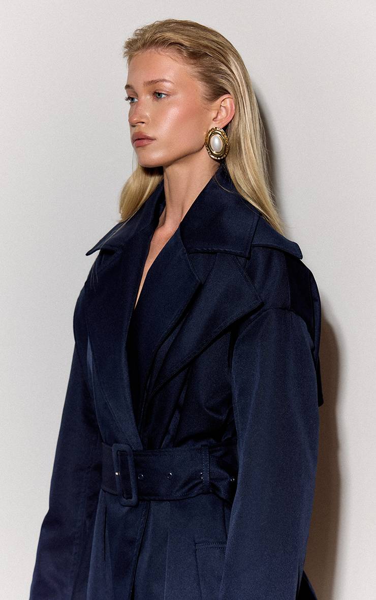 Bleu Marine Trench-coat À Double Col Avec Ceinture À Nouer À La Taille