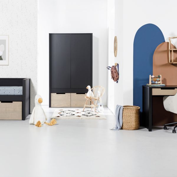 Europe Baby Ralph Kinderkamer Zwart / Accent Hout Look | Bed 90 x 200 cm   Bureau   Kast 2-Deurs