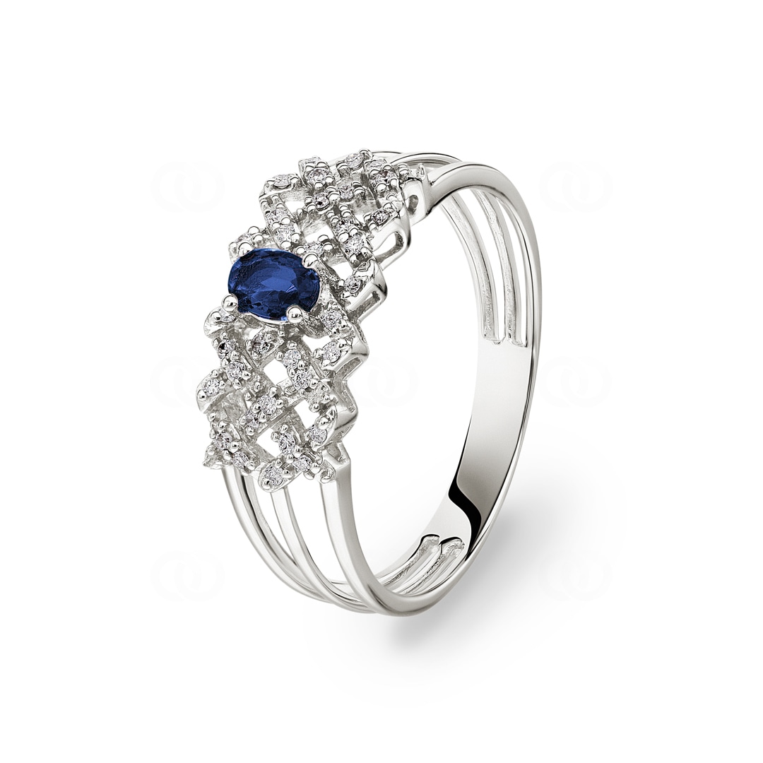 Saphirring 750/18 K Weissgold mit Diamanten 0.09 ct H/si