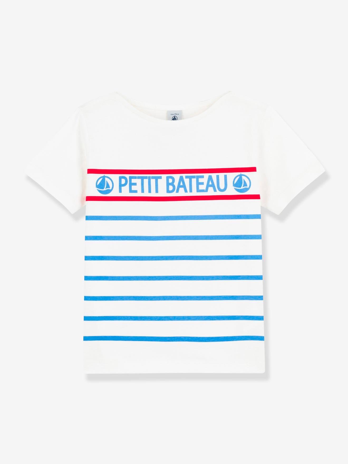 Camiseta infantil PETIT BATEAU de algodão listrado azul claro e manga curta.