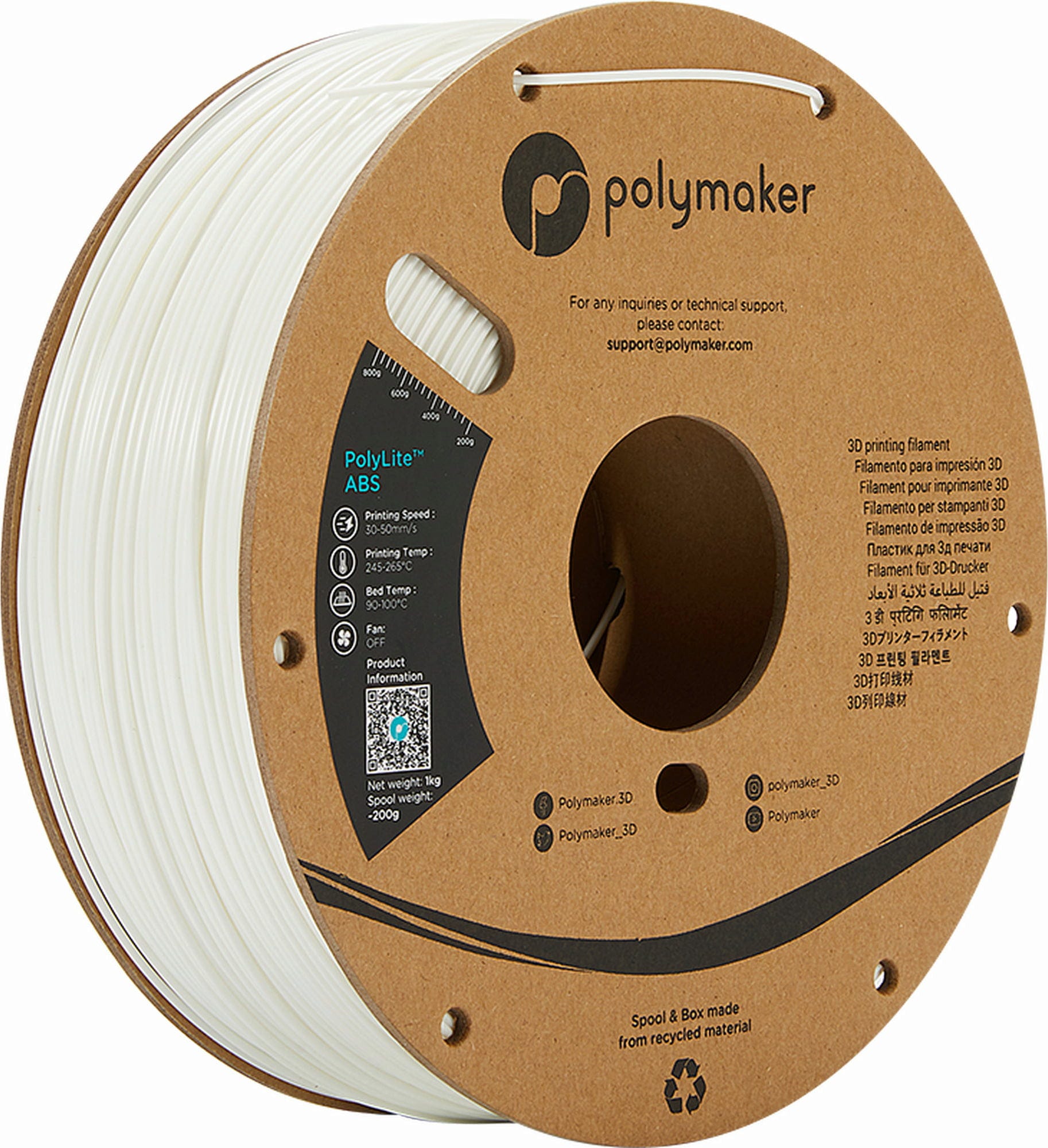 Polymaker  PolyLite ABS Weiß, 1,75 mm (1.000 g)    Außergewöhnliche Qualität mit PolyLite ABS in Weiß