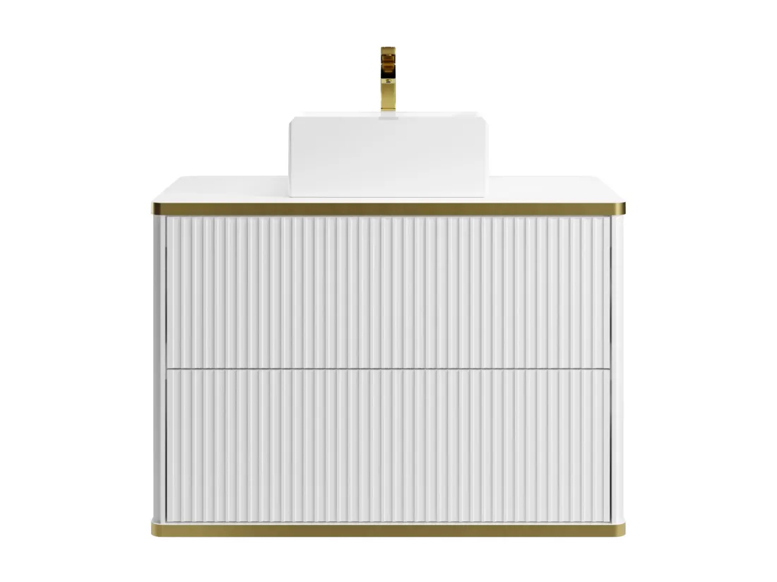 Meuble de salle de bain suspendu strié liseré doré avec vasque à poser carrée - Blanc - 80 cm - KELIZA