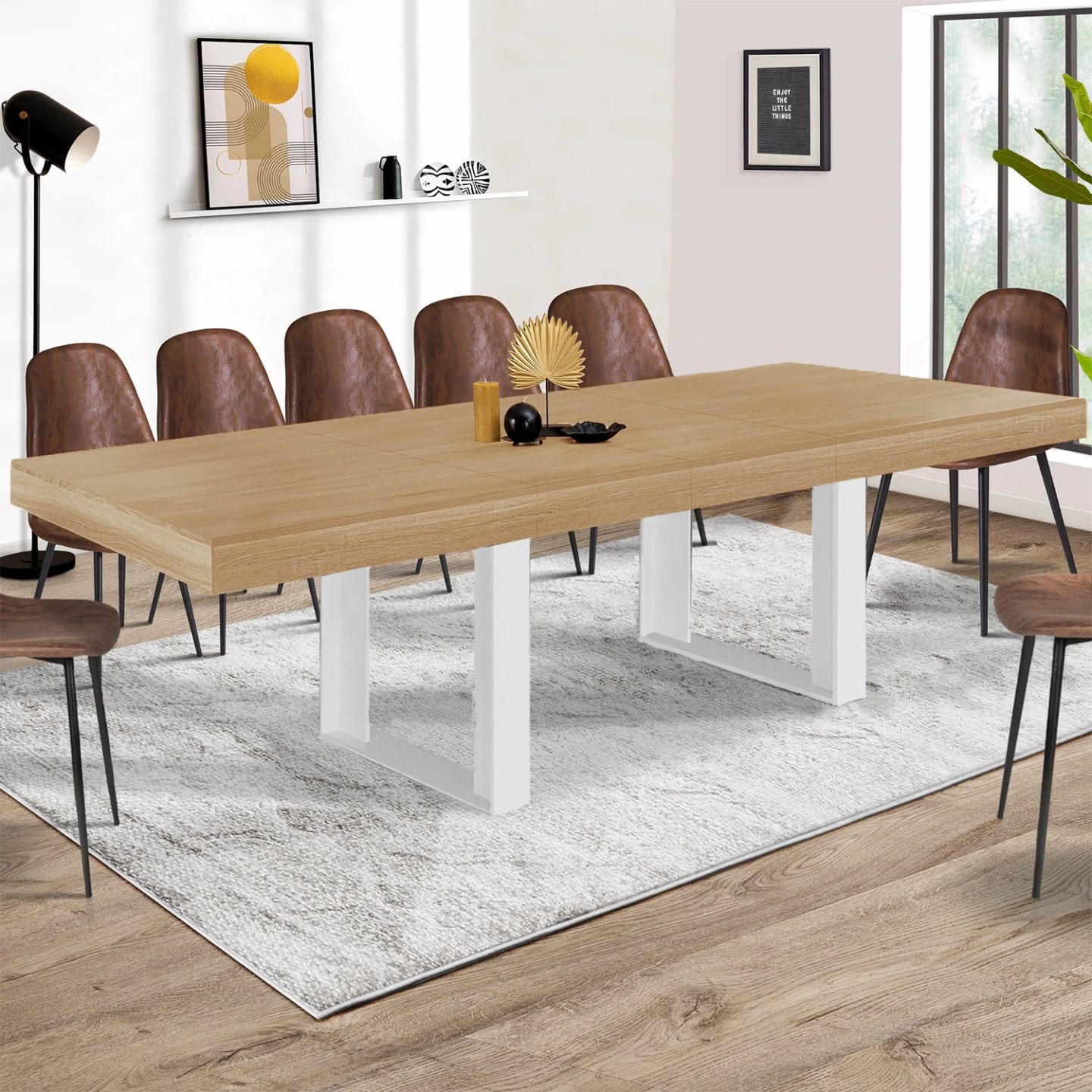 Table à manger extensible rectangle PHOENIX 6-12 personnes bois et blanc 200-300 cm