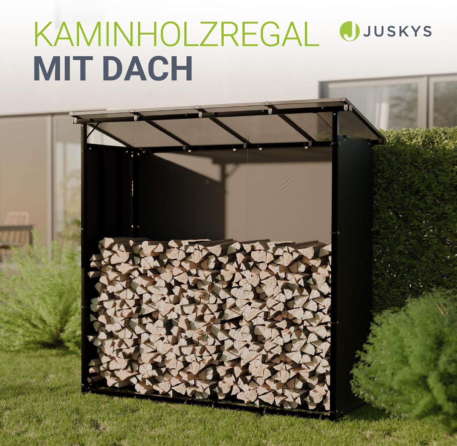 Juskys Kaminholzregal mit Dach – wetterfest, mit UV-beständiger Plane, erhöhter Boden & einfacher Montage, ideal für Outdoor-Lagerung
