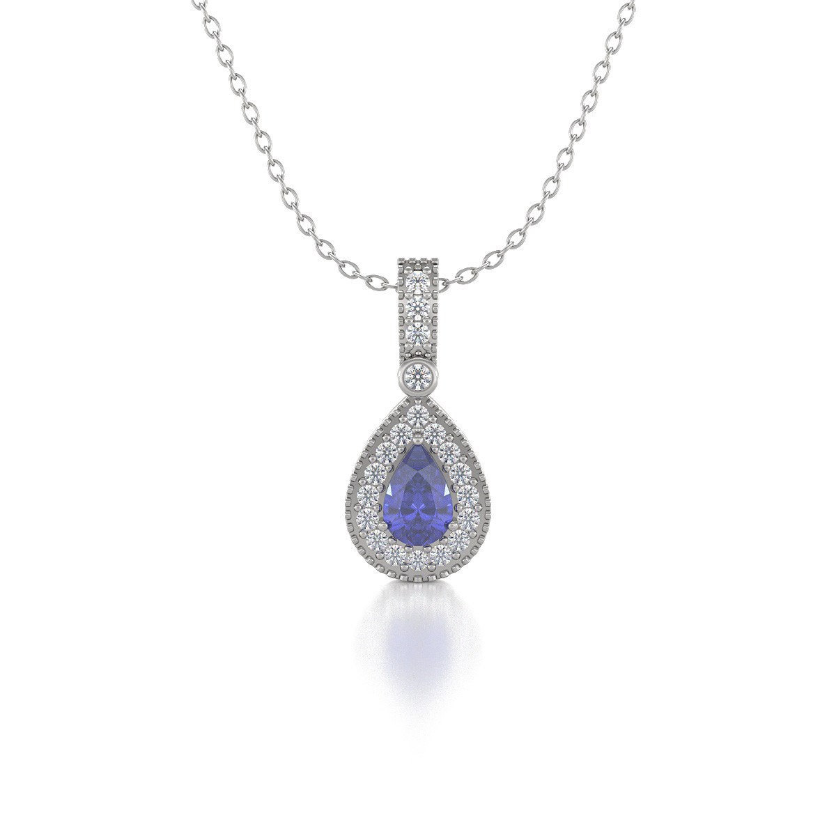Collier Pendentif ADEN Or 585 Blanc Tanzanite et Diamants Chaine Or 585 incluse 1.55grs