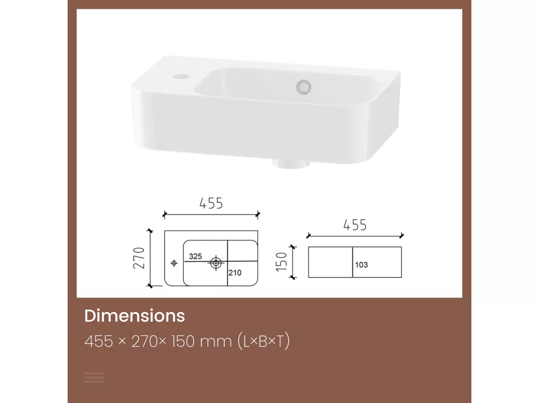 EMKE Lavabo Mural de Salle de Bain 450 x 265 x 156 mm, Vasque Rectangulaire en Céramique, Trou pour Robinet à Droite, Blanc Brillant