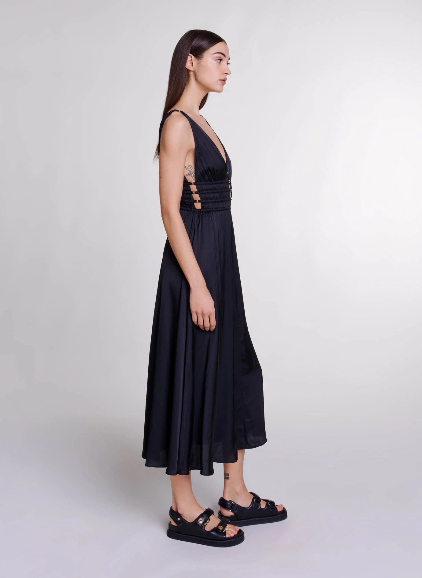 Robe longue col V| Noir