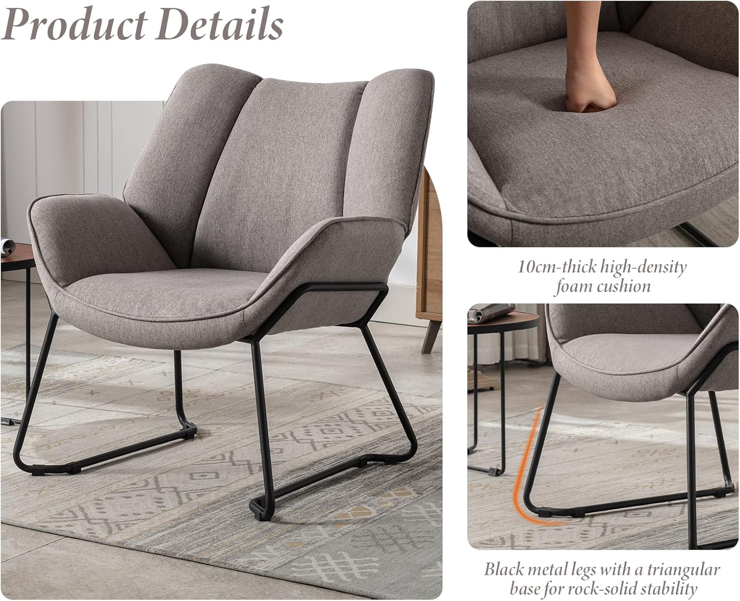 Sessel Wohnzimmer Loungesessel modern Lesesessel gepolstert Ohrensessel mit Metallbeinen für Schlafzimmer/Wohnzimmer, Leinen, Grau