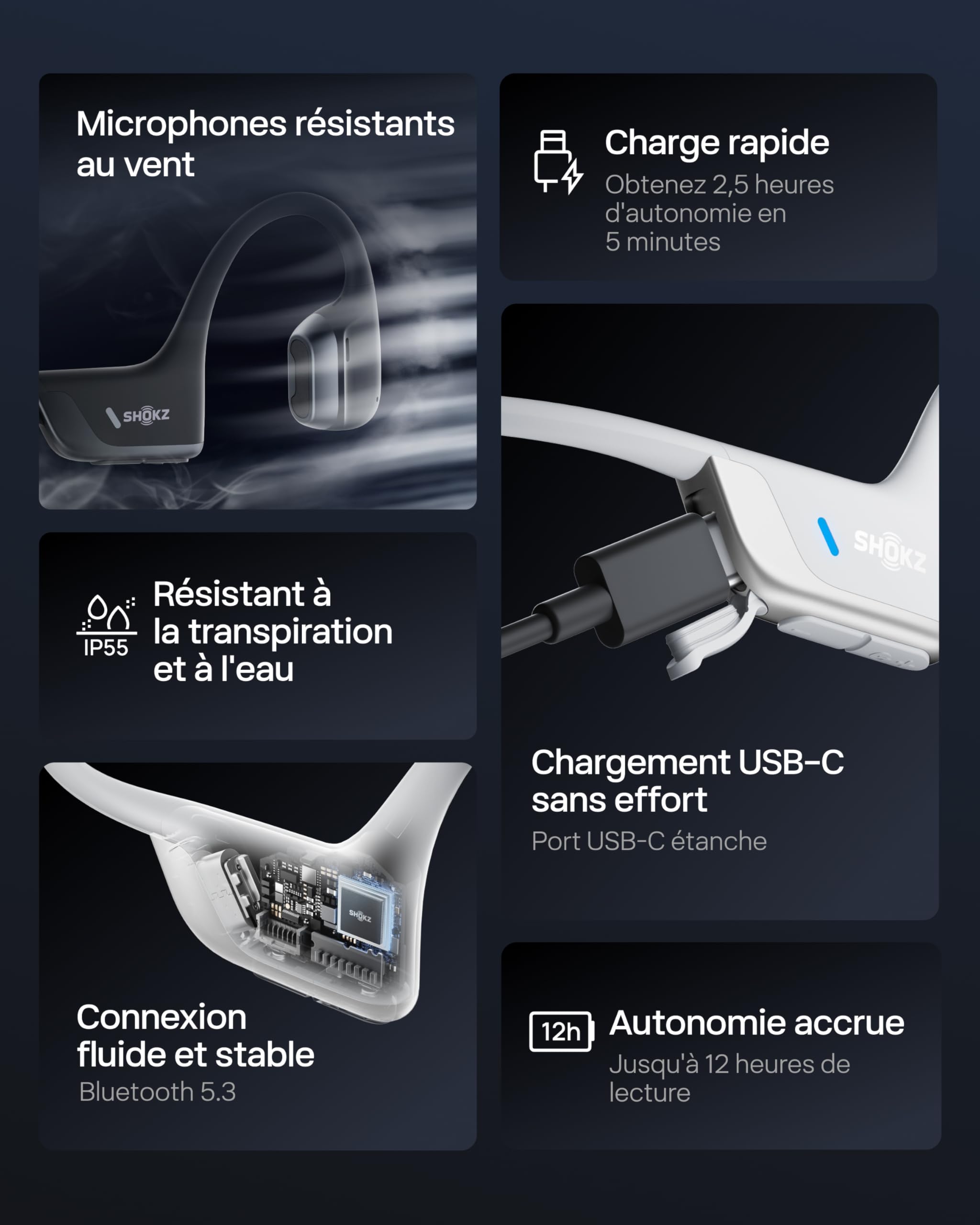 SHOKZ Casque à Conduction Osseuse OpenRun Pro 2, Écouteurs sans Fil Bluetooth 5.3, Microphones Réducteurs de Bruit, Étanchéité IP55, 12h d’Autonomie, Charge Rapide USB-C, Argent