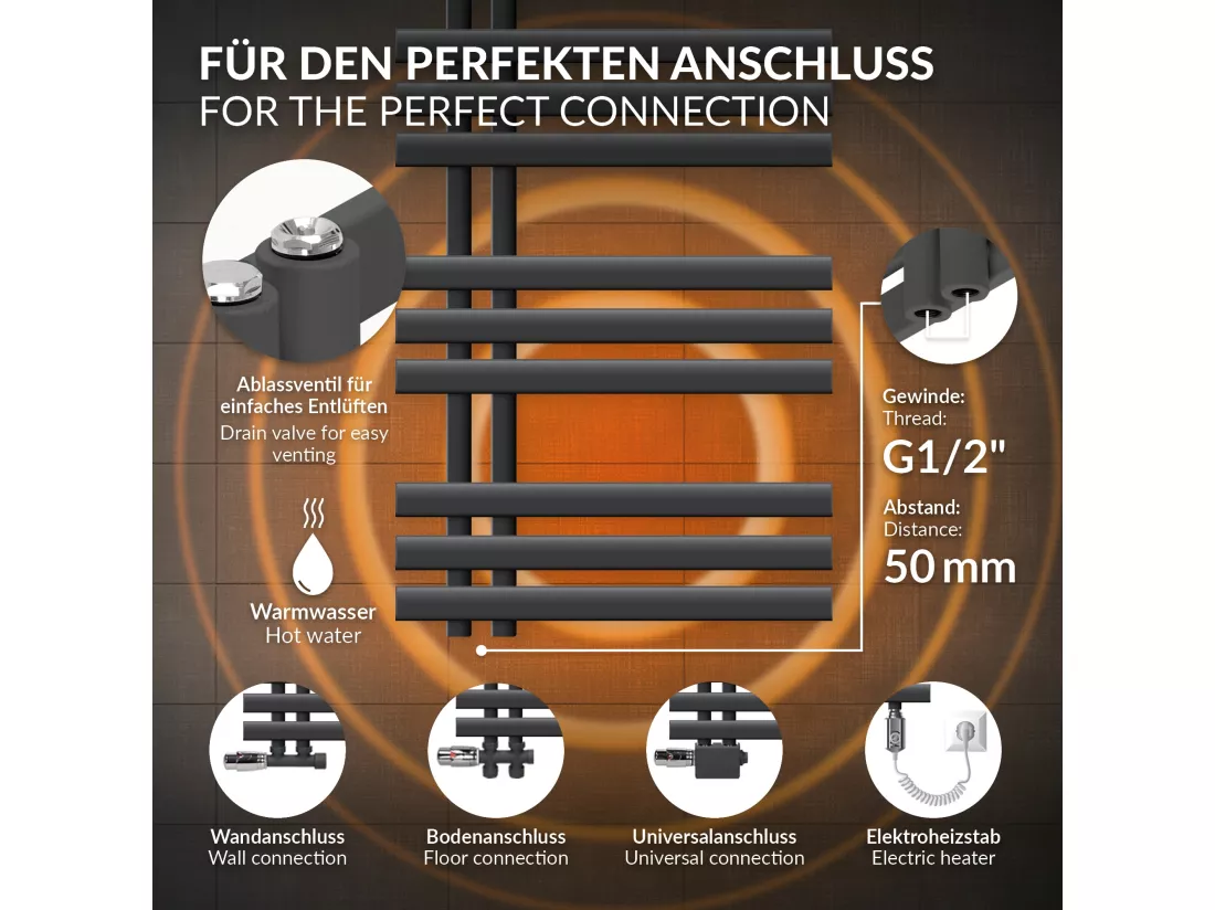 Radiateur de salle de bain Iron EM 500x1000mm anthracite raccord mural+garniture