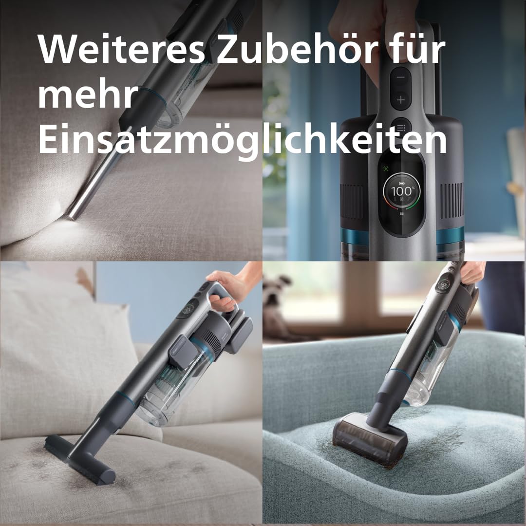 Philips Kabelloser Staubsauger der 8000er Serie für Haustiere, Hervorragende Saugleistung, Display, Düsen mit LED-Licht, Tierhaardüse, Aqua-Düse, Anti-Allergie-Filterung (XC8055/01)