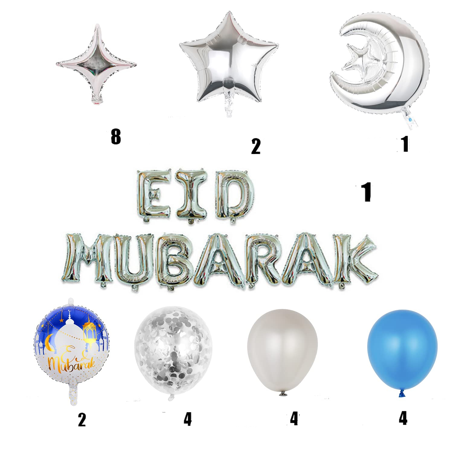 (26-tlg. Set) Ramadan Ballon Girlande Eid Mubarak Party Deko   Latex- & Folien Luftballons - Silber / Blau