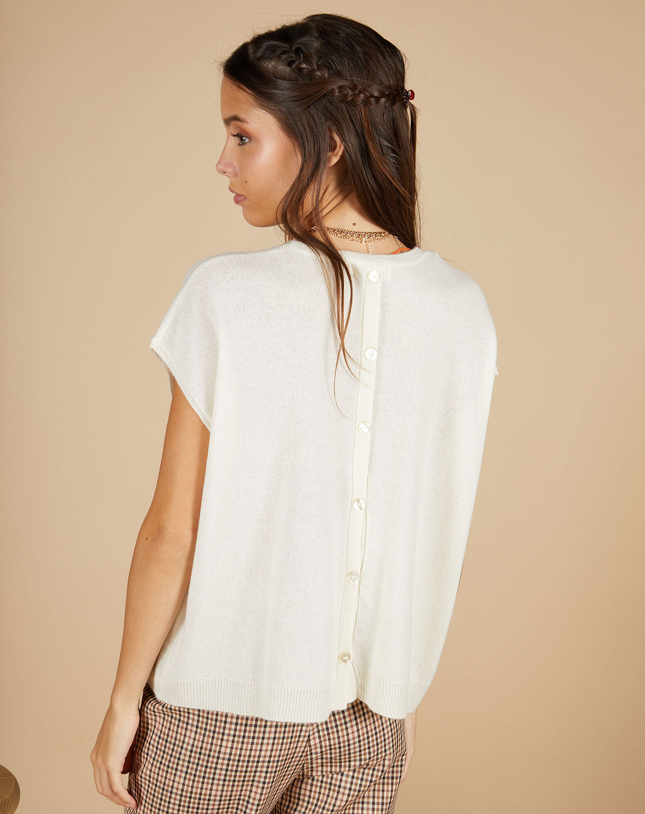 Cashmere Tribu Pull 100% Cachemire manches courtes Charline boutons au dos blanc cassé