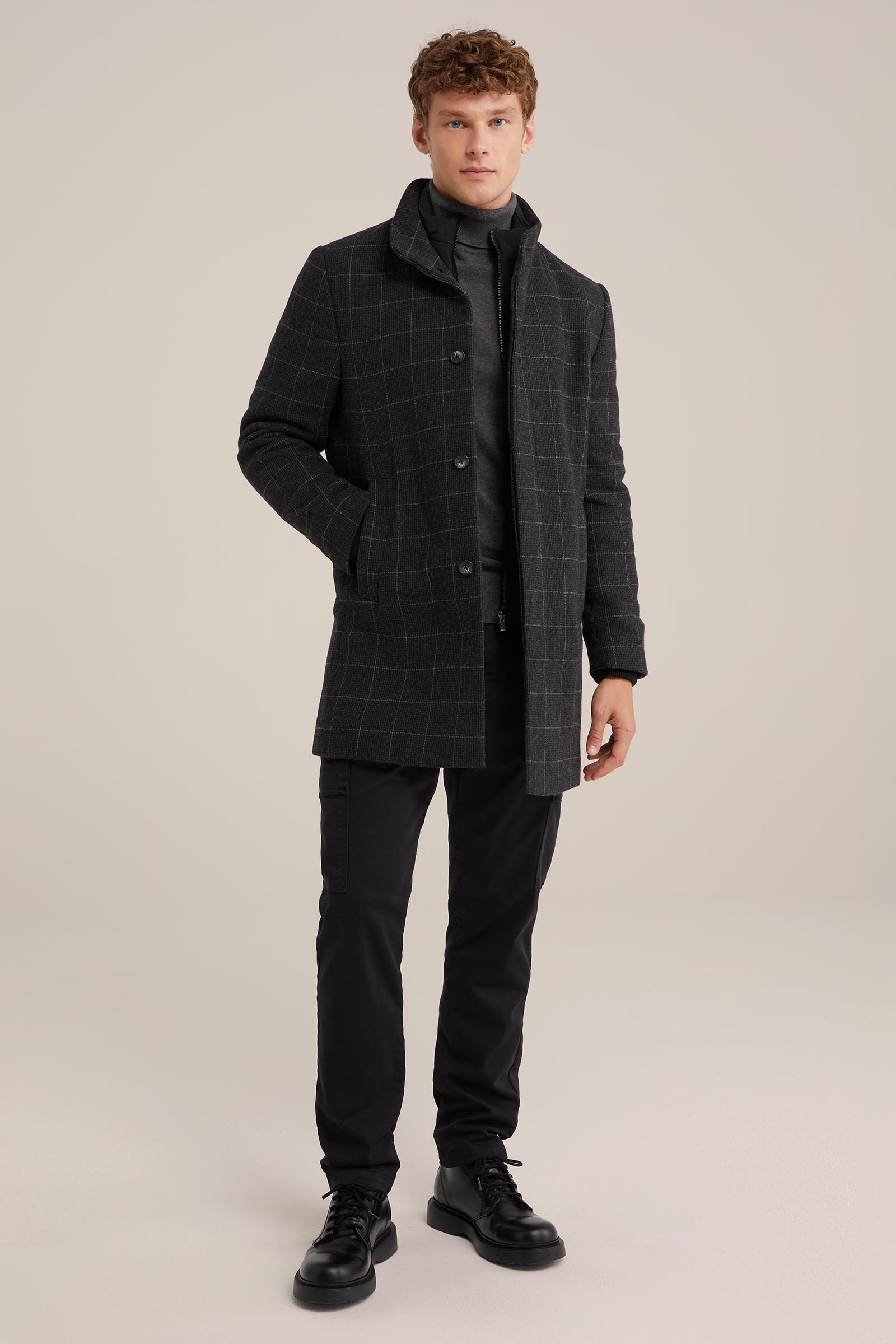 geruite overjas met afneembare inzet WE Fashion Donkergrijs