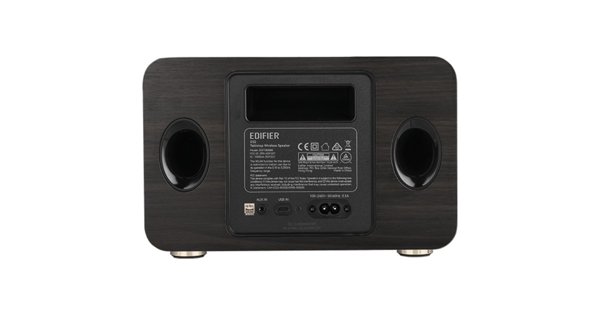 EdifierD32 Draadloze tafelluidspreker  (Donkerbruin/zilver, Bluetooth, Wi-Fi (Apple AirPlay), USB-C, AUX)