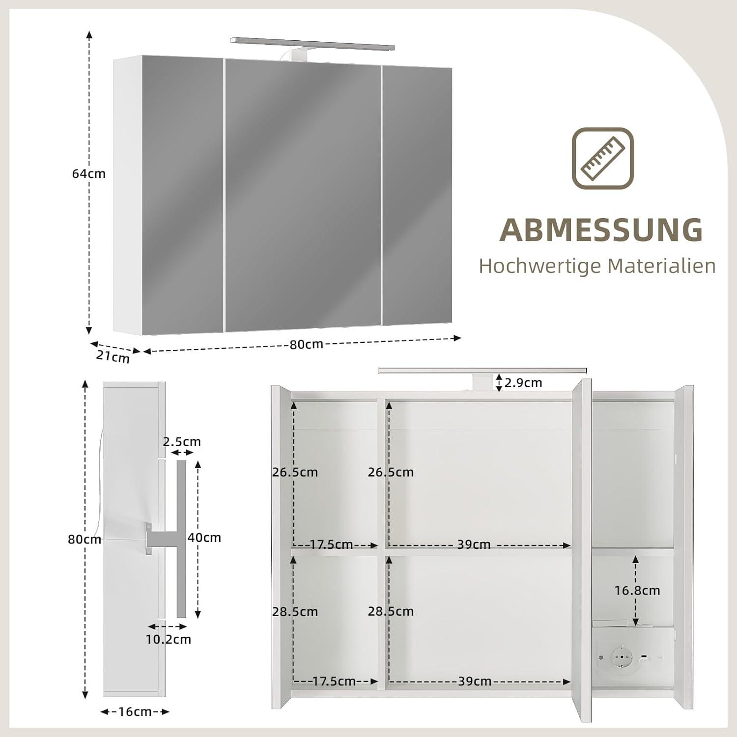 Spiegelschrank für Bad mit Beleuchtung 80x60 cm 3 Türen Badezimmerspiegel mit Steckdose höhenverstellbare Einlegeböden Wandspiegel mit Stauraum Badschrank mit Spiegel für Badezimmer (80x60cm)