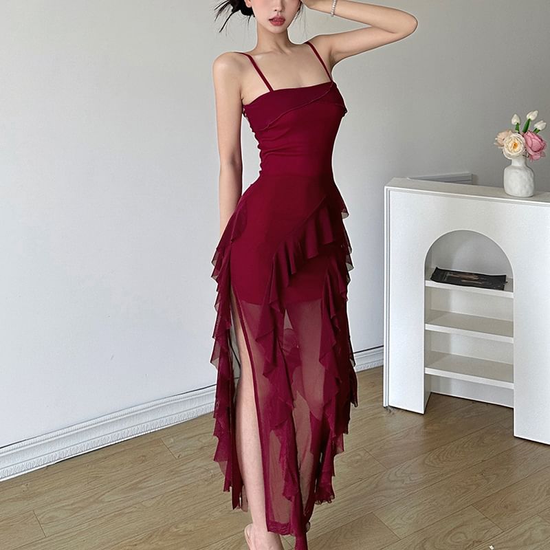 Sugarcoat - Spaghettibandjes, effen, geplooide mesh maxi-jurk met split