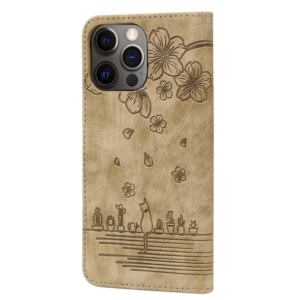 iPhone 13 Pro Leder Tasche Flip Cover Katze & Blumen Imprint - Braun