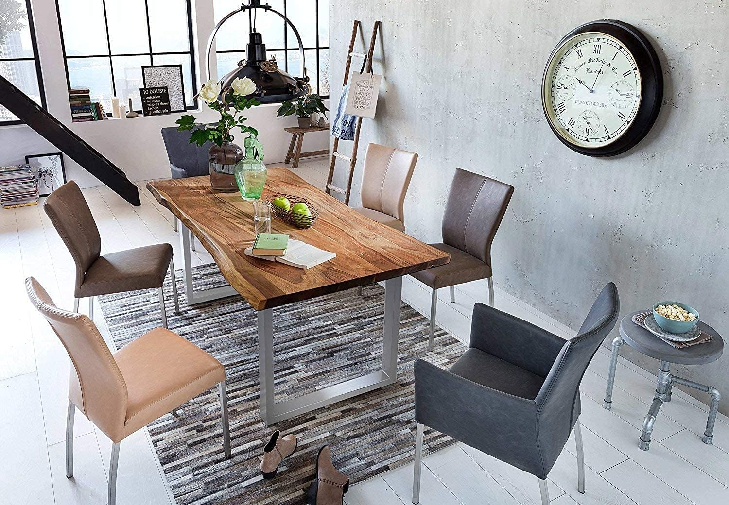 SAM Baumkantentisch 140x80 cm Quarto, Akazienholz massiv + nussbaumfarben, Esstisch mit silbernem U-Gestell, Esszimmertisch/Holztisch Industrial-Design, Tischplatte 26 mm