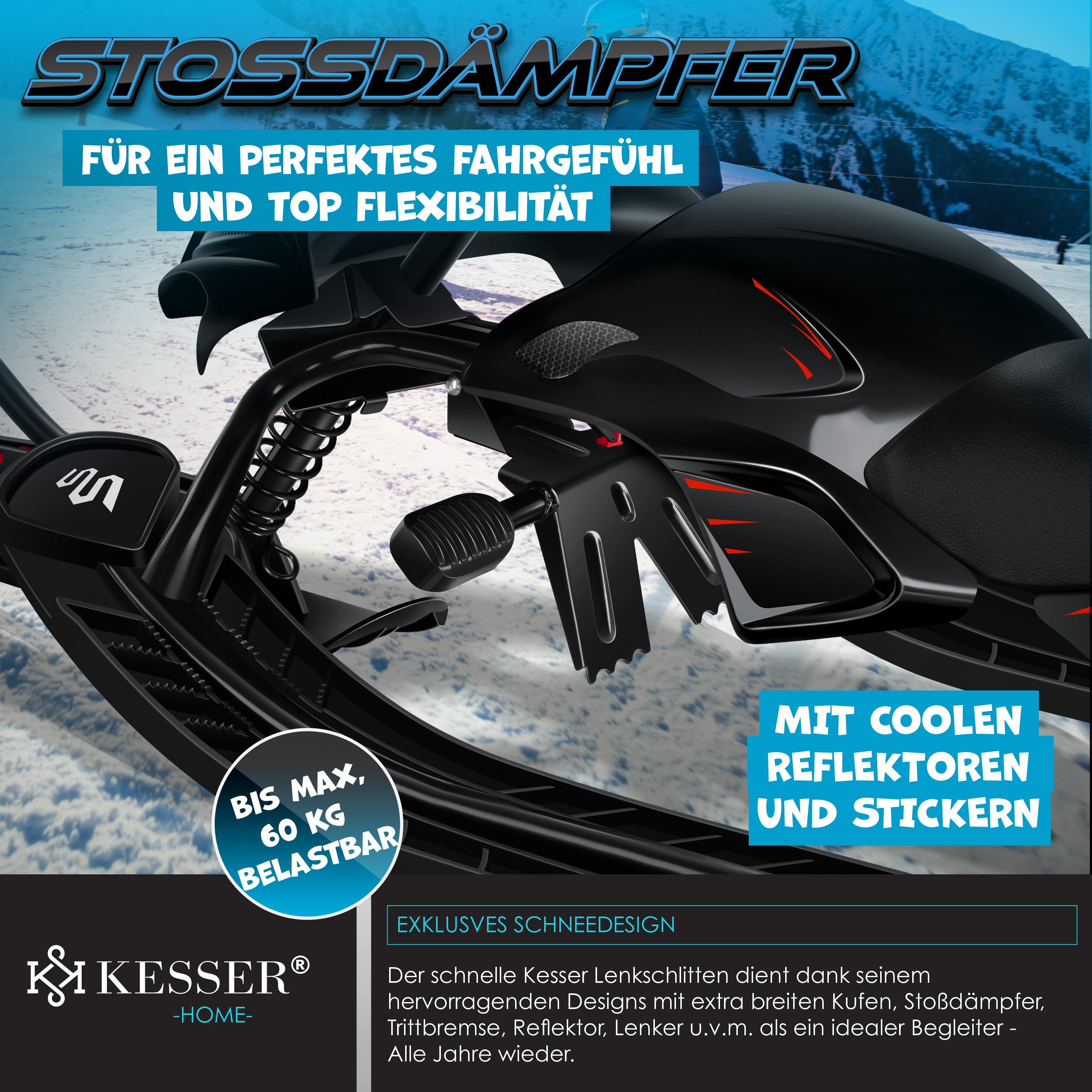 KESSER® Lenkschlitten mit 2 Fußbremsen | Automatisches Zugseil | Federung | Kufenlenkung | Bob Kinderschlitten Rodel Schlitten | Skiboblenkschlitten |