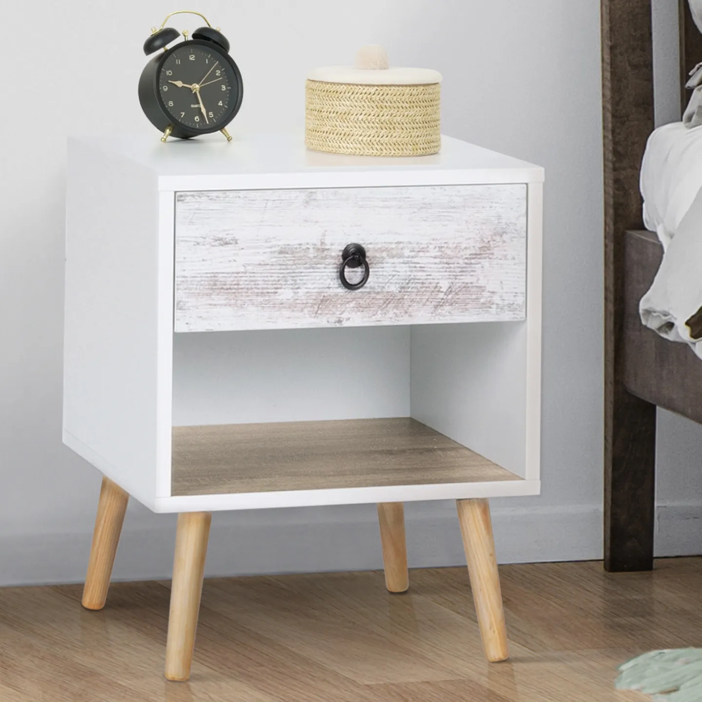 Lot de 2 tables de chevet BAHIA 1 tiroir avec niche scandinave