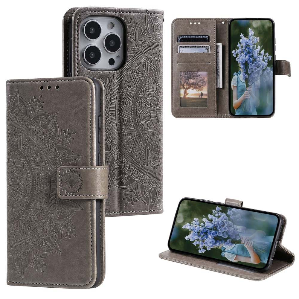 iPhone 15 Pro Max Leder Tasche Wallet - Mandala Flowers Imprint - Grau
