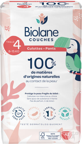 Biolane Couches À Base De Matières D'Origines Naturelles Taille 4 8-15kg Toutes Peaux 42 Pièces